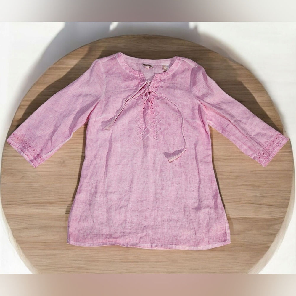Azucar Linen Lace Up Tunic Top Pink Embroidered Womens M 3/4 Sleeve Lightweight